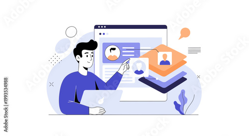 Man working on laptop with user profiles on screen, digital interface, online recruitment concept