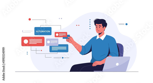 Man working with automation interface on laptop, digital business process concept