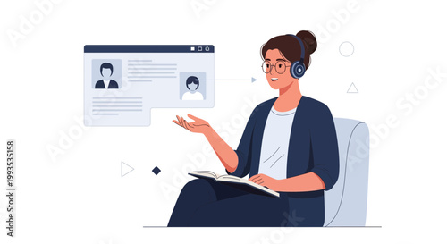 Online Consultation: Woman with headphones discusses with clients via video call, holding a notebook.