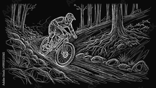 Mountain Biker Riding Forest Trail at Night – White Line Scratchboard Illustration on Black, Nature Adventure Art