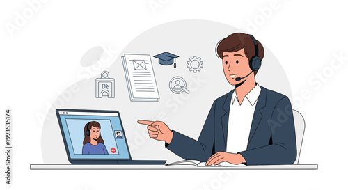 Online Education and Remote Work: Man in Headset on Video Call with Student