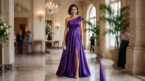 Elegant woman in a luxurious purple satin gown with a high slit poses confidently during a formal even