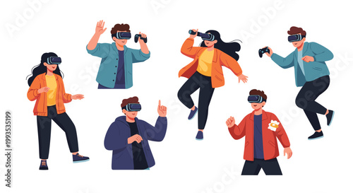 Group of young people wearing virtual reality headsets and using controllers to experience immersive digital gaming or simulations.