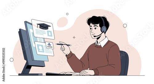 Online Learning Support: Man with Headset Interacting with Digital Education Interface