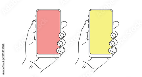 Simple line drawing of two hands holding smartphones with blank red and yellow screens for mobile app or website presentation.
