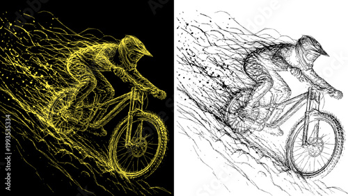 MTB Downhill Rider Sketch Set – Yellow Neon on Black and Ink Splatter Versions, Extreme Cycling Artwork
