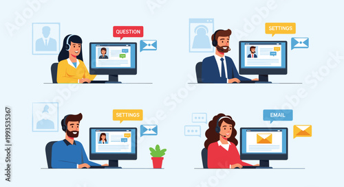 Multiethnic customer support team of four operators working at their computers to handle client questions, settings, and emails.