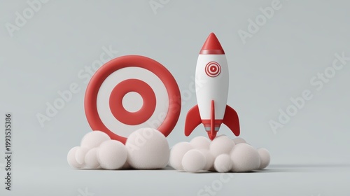 Reaching Goals: A 3D rendered image features a rocket taking off, soaring toward a bullseye, symbolizing goal achievement, innovation, and strategic planning.