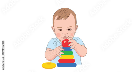 Adorable baby sitting and playing with a colorful ring stacker toy tower to develop motor skills and coordination.