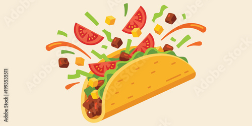 Crispy Mexican taco with flying ingredients, delicious beef taco with tomato and lettuce, flat vector food illustration isolated on beige.