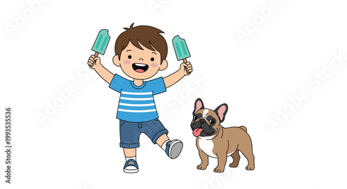 Happy little boy holding two green popsicles while standing next to his loyal french bulldog friend on a white background.
