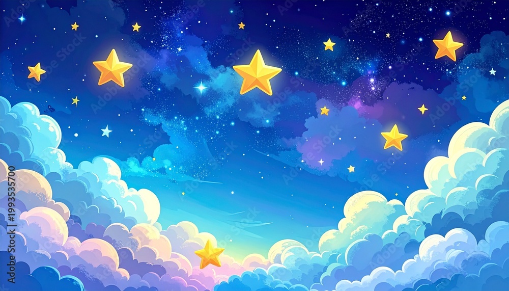 Fototapeta premium Dreamy night sky background featuring bright yellow stars floating among soft fluffy blue clouds in a magical whimsical illustration style.