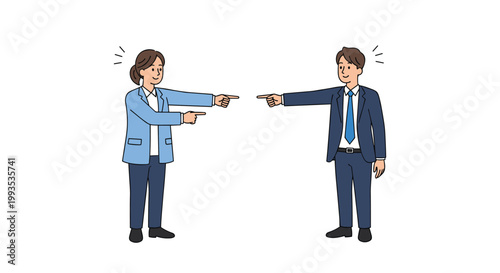 Businesswoman and businessman in suits pointing fingers at each other during an intense conflict or blame game in the office.