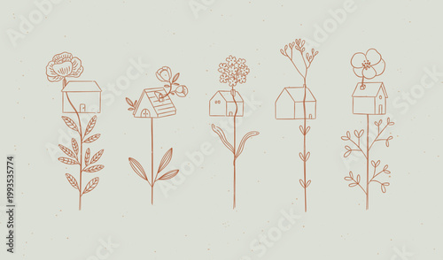 House locate on flower illustration set drawing in floral art style with brown lines on beige background