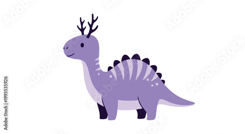 Adorable fantasy creature illustration of a purple dinosaur with deer antlers and spikes on its back against a white background.