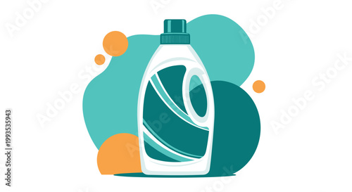 White plastic bottle of laundry detergent with a handle and green labels placed against a modern colorful geometric background.