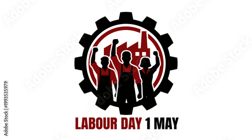 Labour Day 1 May illustration featuring stylized factory and workers in silhouette, celebrating International Workers' Day with a gear emblem