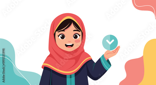 Cheerful young Muslim girl in a pink hijab holding a small checkmark icon representing success, approval, and positive choices.