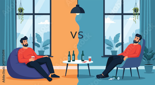 Split screen comparison showing a moderate drinker and a man experiencing the negative effects of alcoholism in a domestic setting.