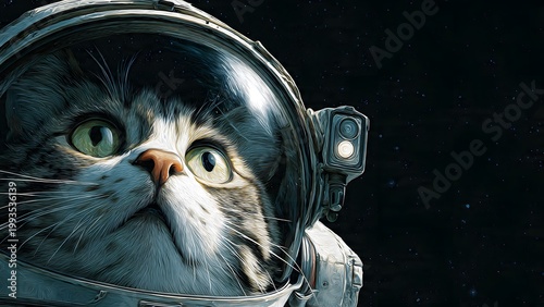 Cat in astronaut helmet gazing into space with curiosity