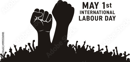 Celebrating international labour day with raised fists and a crowd