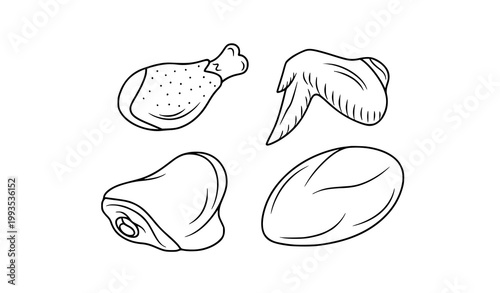 Chicken pieces outline icon collection with drumstick wing thigh and breast editable stroke vector