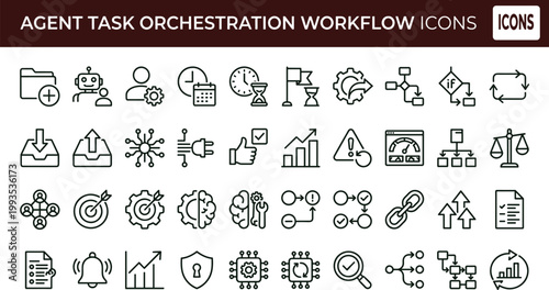 Agent task orchestration workflow outline icon set automation coordination scheduling monitoring analytics interface vector collection toolkit