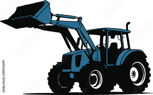 Blue tractor with front loader bucket attachment in action-ready position