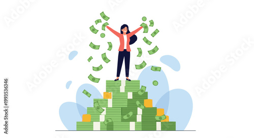 Happy business woman standing on top of a huge pile of money with dollar bills falling from the sky to symbolize financial success.