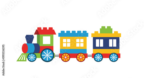 Brightly colored toy train constructed from plastic building blocks featuring an engine and two carriages on a clean white background.