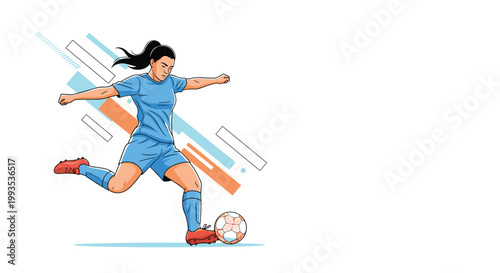 Dynamic illustration of a female soccer player in a blue uniform skillfully kicking a ball with motion blur effects in the background.