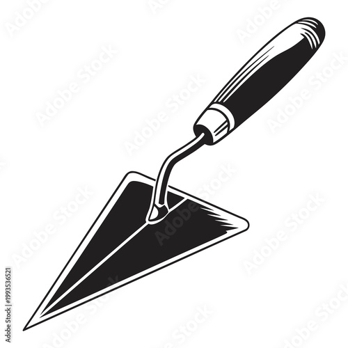 Vintage masonry trowel vector illustration, classic bricklayer hand tool with wooden handle, black and white construction equipment icon for logos.