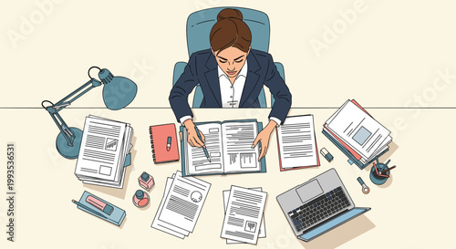 Professional woman sitting at a desk overflowing with paperwork, documents, and books while working on a laptop in a busy office setting.