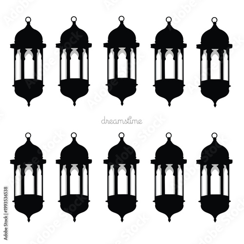 Elegant black lanterns arranged in a neat grid pattern for decorative lighting. Vector