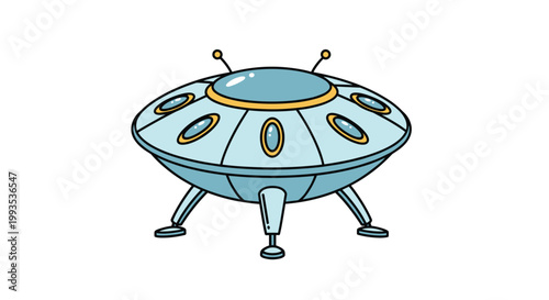 Classic cartoon illustration of an unidentified flying object or ufo with glowing windows and landing legs on white background.