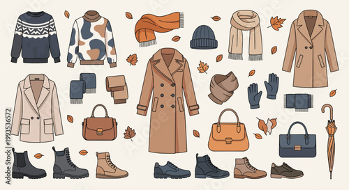 Elegant collection of autumn and winter apparel and accessories featuring long coats, stylish sweaters, leather bags, and warm boots.