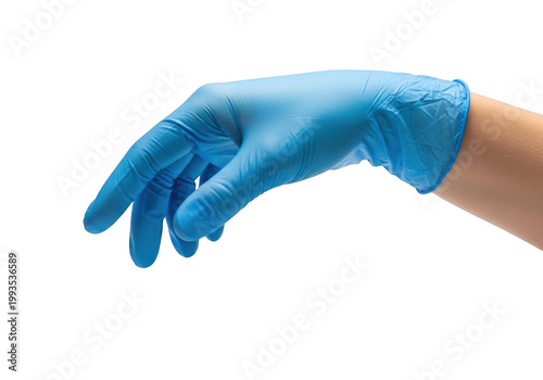 Blue latex medical glove on a person's hand isolated on transparent background
