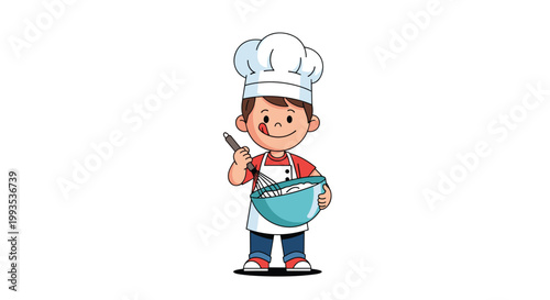 Cute little boy wearing a white chef hat and apron while happily whisking ingredients in a blue bowl on a white background.