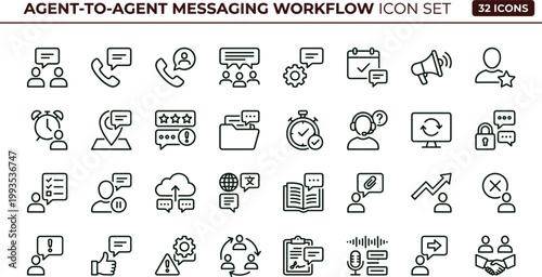 Agent to agent messaging workflow outline icon set communication collaboration notification synchronization interface vector collection toolkit