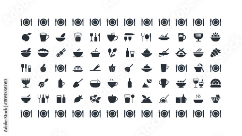 Set of 101 Black Food and Drink Icons Vector
