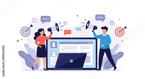 Marketing team of a man and a woman using megaphones to announce news near a large laptop with targets and speech bubbles.