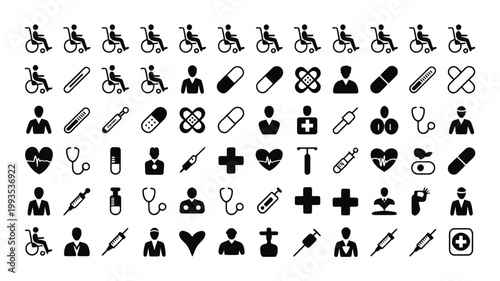 Set of 50 Black Medical and Healthcare Icons Vector