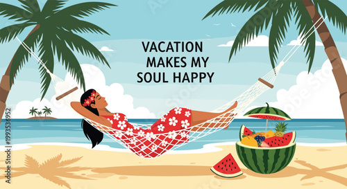 Relaxed woman lying in a hammock on a tropical beach with palm trees and a creative watermelon fruit bowl to illustrate vacation bliss.