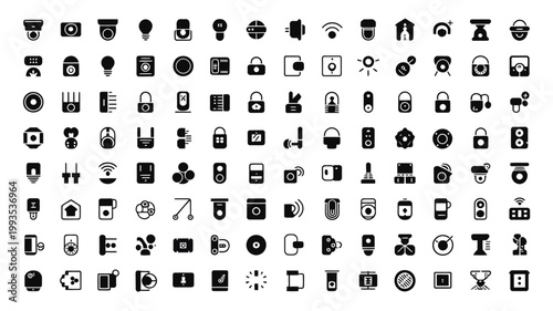 Set of 100 Black Smart Home and Security System Icons Vector