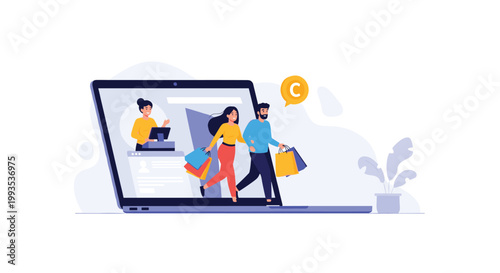 Happy man and woman coming out of a laptop screen with many colorful shopping bags representing the convenience of online retail.
