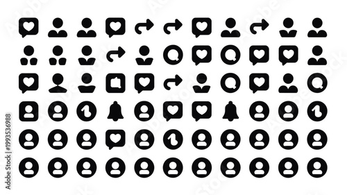 Set of 50 black social media user interface glyph icons vector