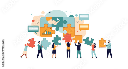 Professional team of diverse people working together to assemble a large puzzle representing business data, charts, and strategy.
