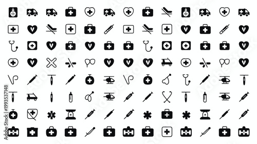 Set of 60 Black and White Medical Health Care Icons Vector