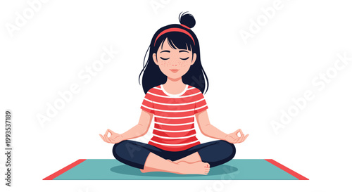 Peaceful young girl with freckles sitting in a lotus pose on a yoga mat to practice meditation and find inner calm and wellness.