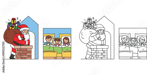 Santa Claus entering chimney with gifts and children sleeping in bed illustration set with coloring page versions